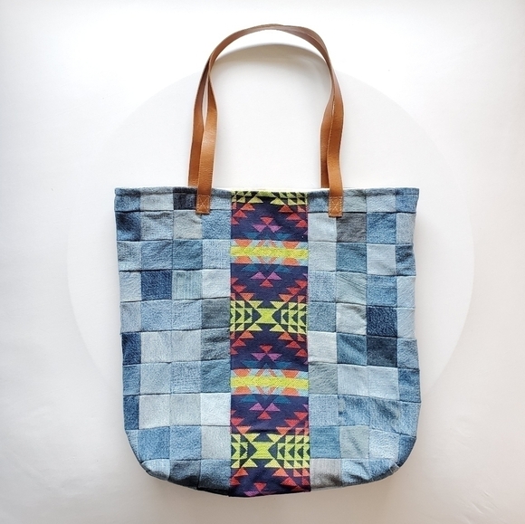 MBC Handbags - NEW Denim Tote Bag with Leather Straps - Bright Colors Farmers Market Day Trip